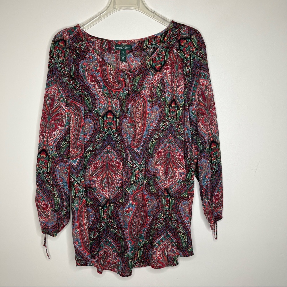 LRL Lauren Jeans Co Paisley Print 3/4 Sleeve Blouse with Tie at Neck Size XL
